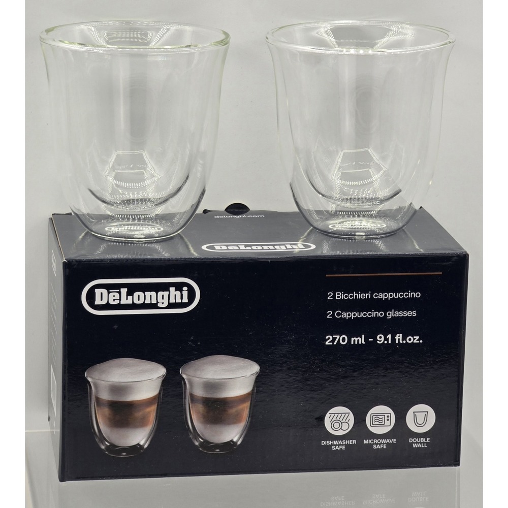 DeLonghi Cappuccino Glasses Set‎ of 2 Clear Double Wall 270ml DLSC311 - New